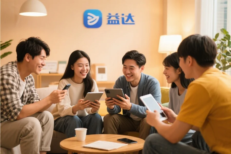 一群年轻用户围坐在一起，使用平板和手机愉快地交流，背景温馨现代，象征新城应用的社区活跃氛围